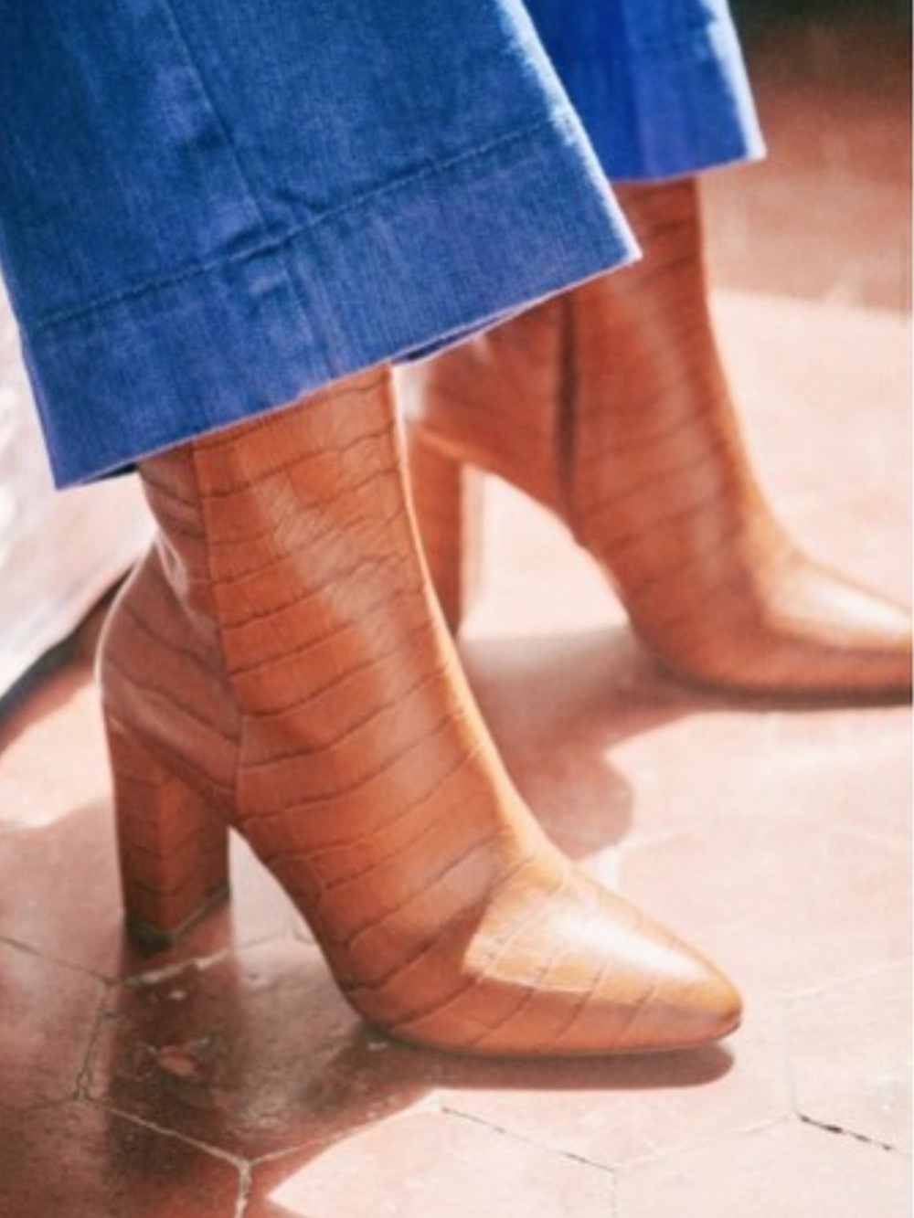 Sezane Adelè Brown Croc-Effect Block Heel Ankle Boots